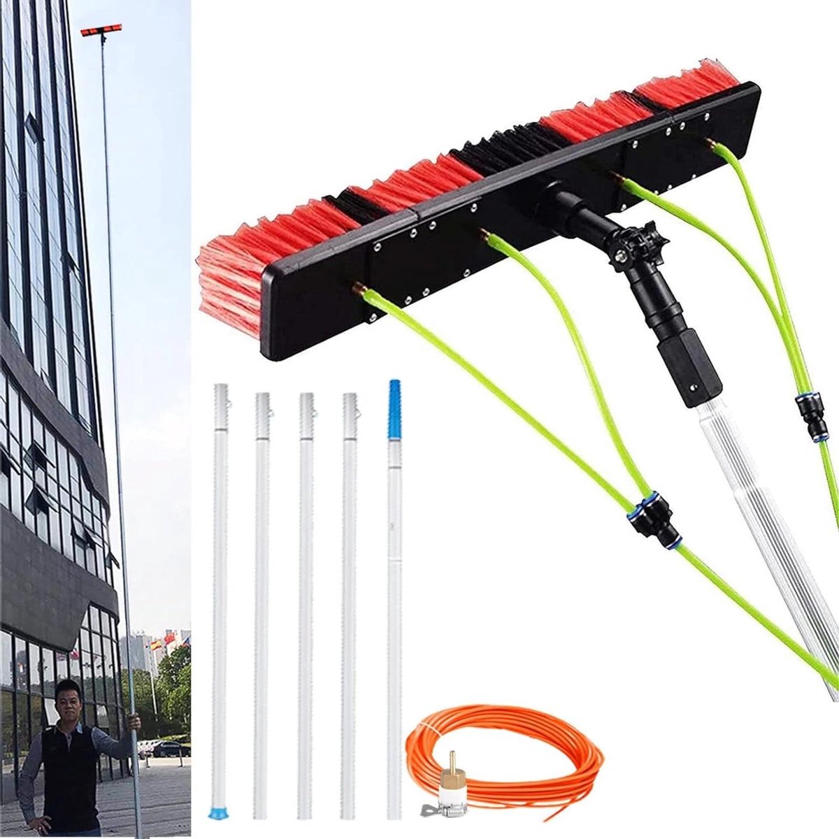 Raamreinigingsset - Telescoopstang - Hoge ramen poetsen - Wateraangedreven systeem - Tot 12 meter - Zilver