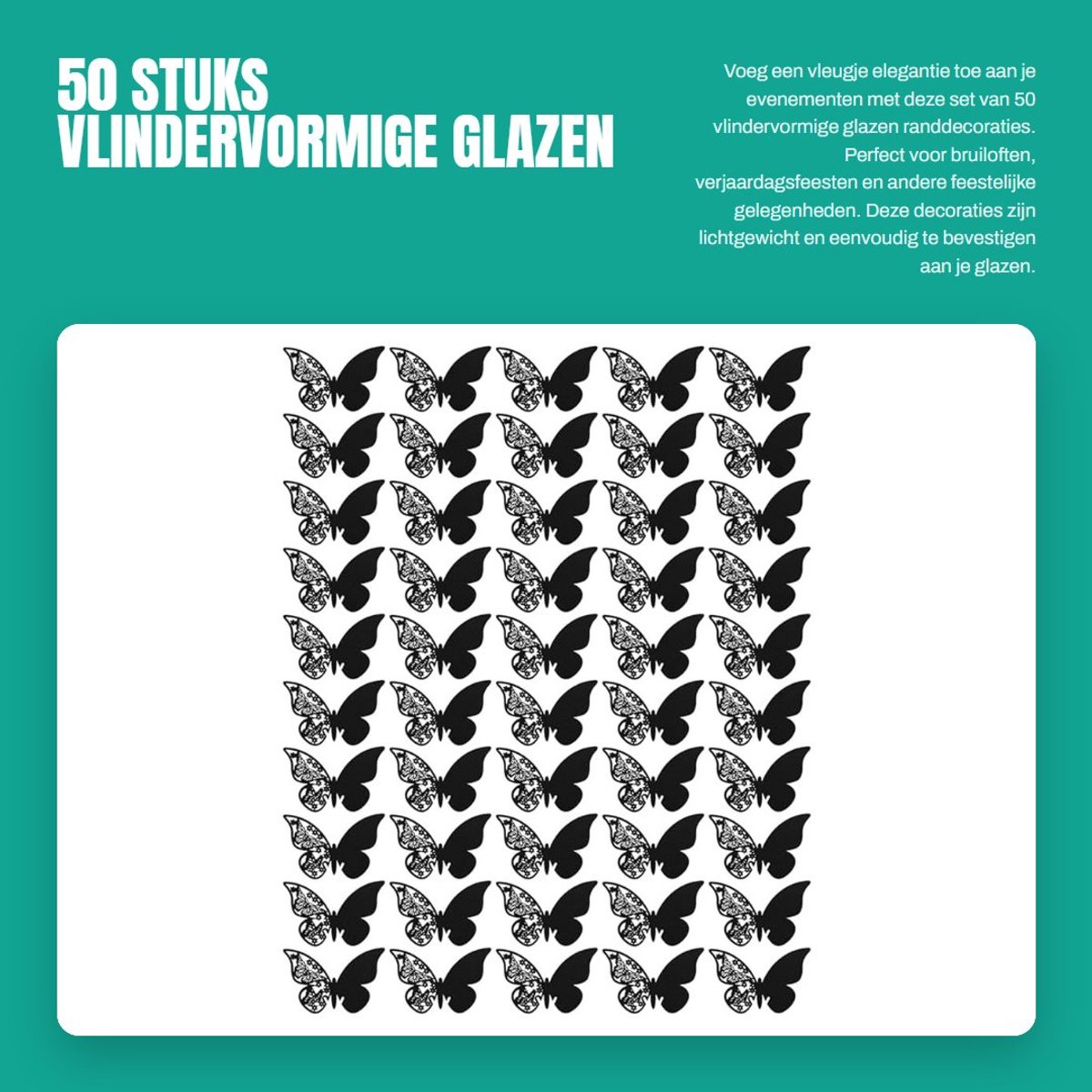 Dailygoods- Randdecoraties 50 Stuks - Vlindervormig - Zwart - Lichtgewicht - Herbruikbaar - 11x7 cm - Glasdecoratie