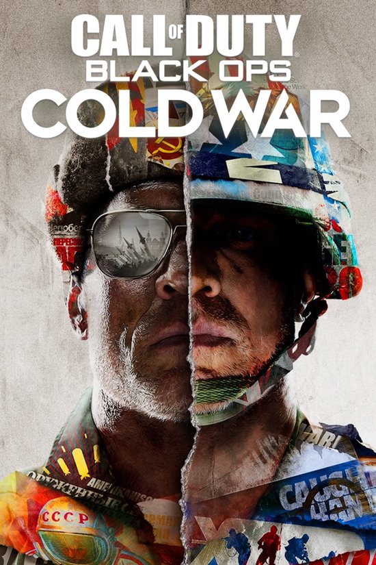 Cover van Call of Duty: Black Ops Cold War, met een gezicht half bedekt door een helm, met beelden.