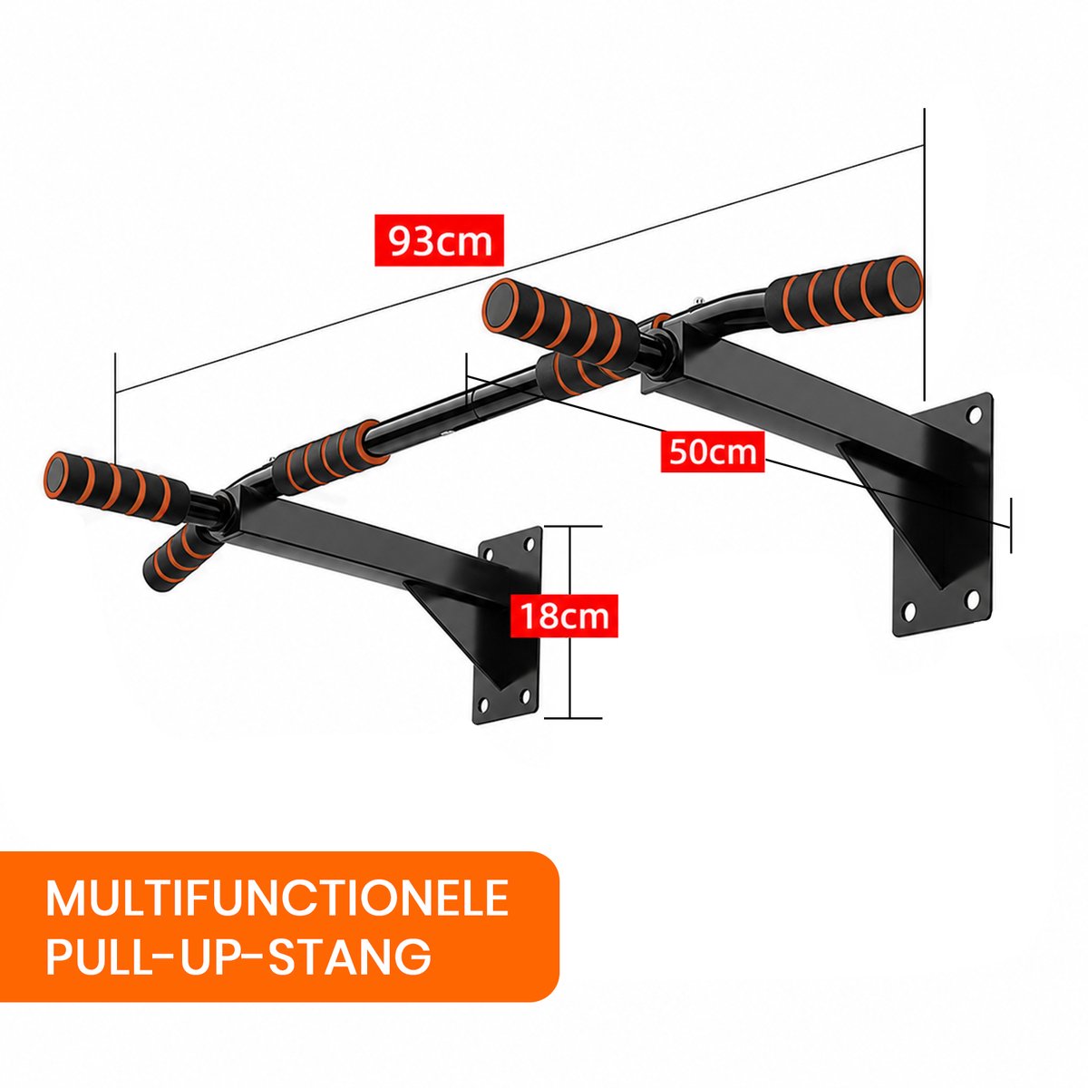 Pull Up Bar - Optrekstang 3-in-1 - Pull Up Station - Optrekstang Wandmontage - Dip Station - Dip Bars - Thuis Sporten - Thuis Fitness - Premium materialen - Extra stevige tot 250KG - Inclusief montage onderdelen - Home workout - Zwart/Oranje thumbnail 5
