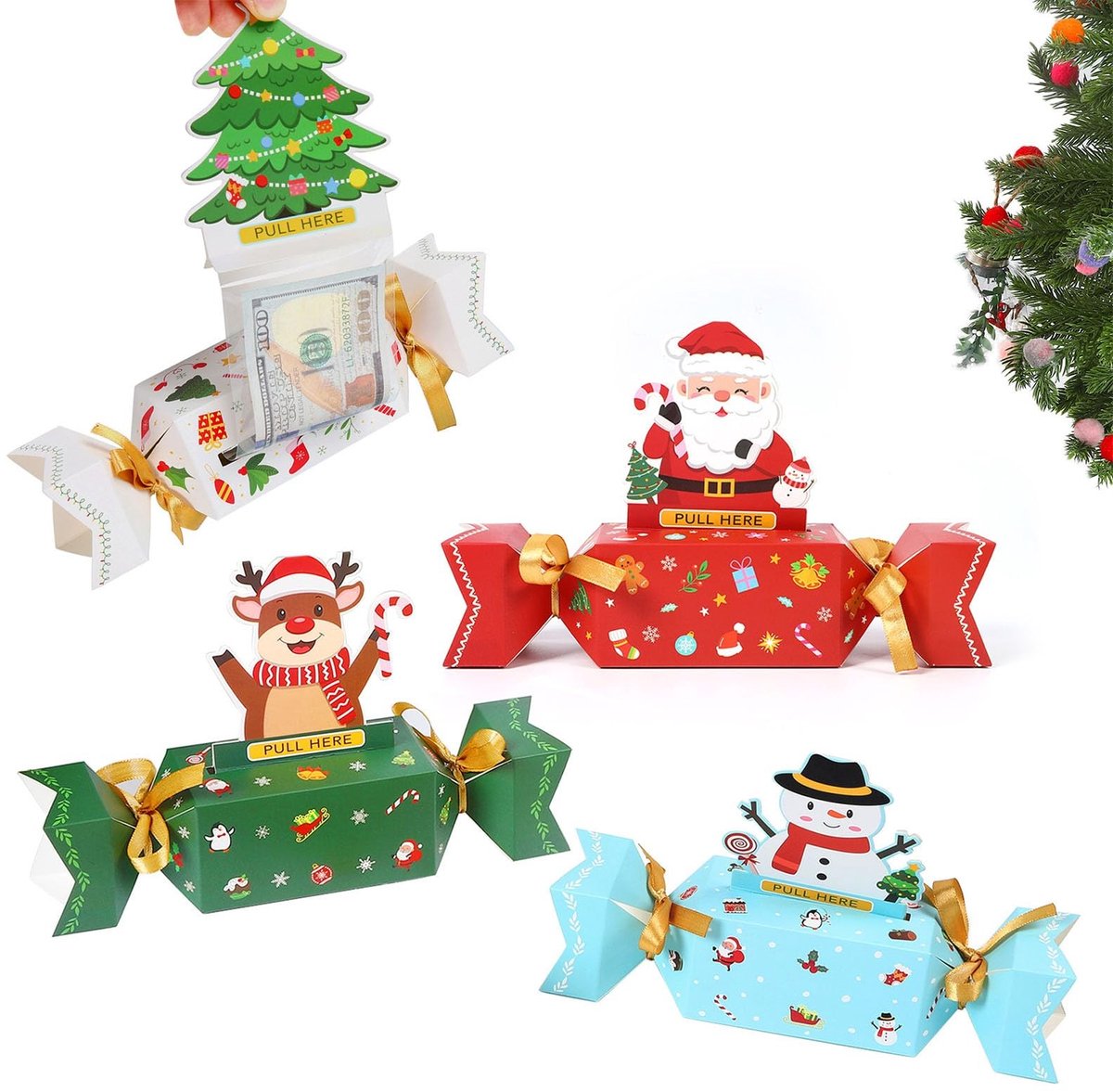 Dailygoods- Verrassingsdozen met deksel - 4 stuks - Geldgeschenken - Cadeaus voor ouders/vrienden - Kerstthema - Inclusief 40 zakjes/linten/kaarten/stickers - Geschenkdozen