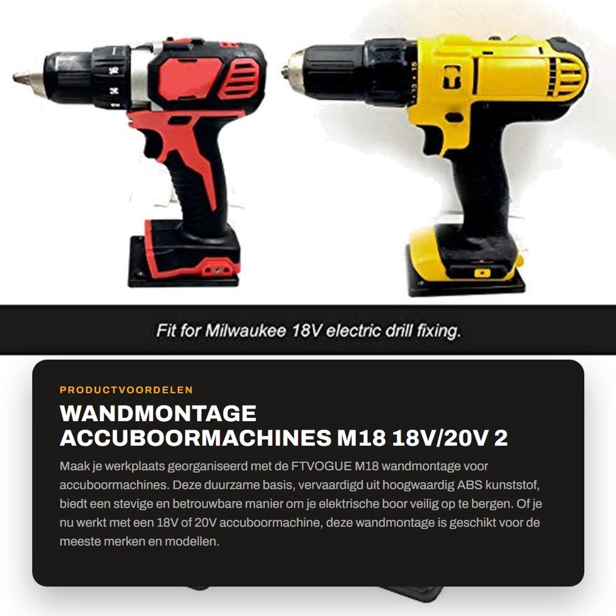 Dailygoods - Wandmontage Accuboormachines - M18 18V/20V - 2 Stuks - Zwart - Stevige Bevestiging en Efficiëntie - Geschikt voor Accu Gereedschap - 2 Stuks