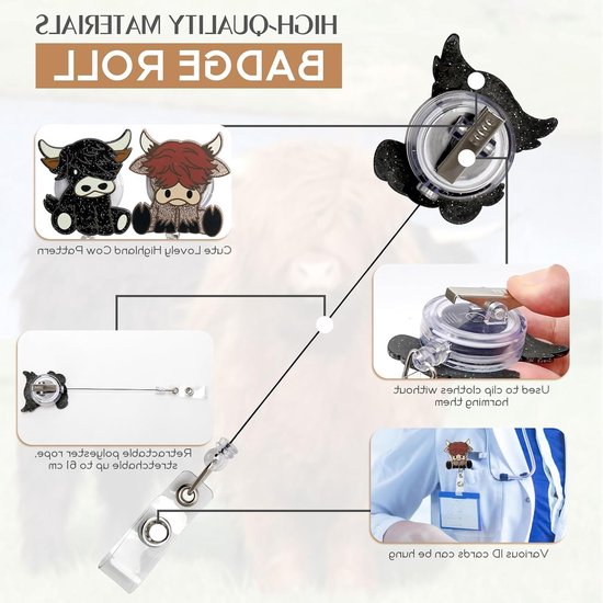 Set van 2 Retractable Badge Holders met Schattige Hoogland Runderen voor ID Kaarten - Ideaal voor Ziekenhuis, Kantoor en Schoolgebruik — afbeelding 2