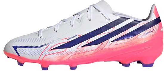 Witte voetbalschoen met roze en blauwe strepen, F50 en Hyperfast op de zijkant.