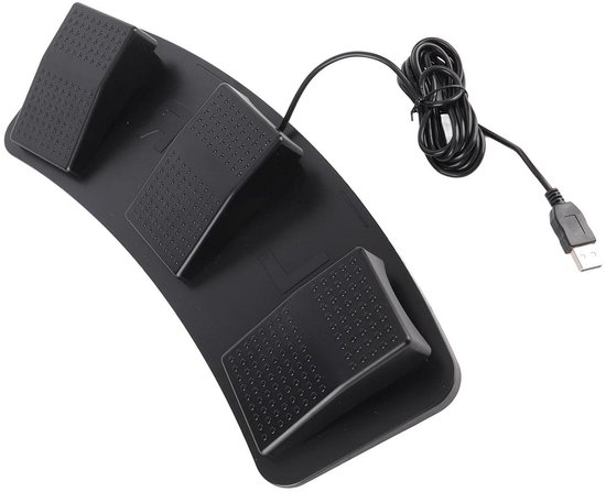 Zwart USB-voetschakelaar met drie pedalen in gebogen opstelling, met antislip textuur.