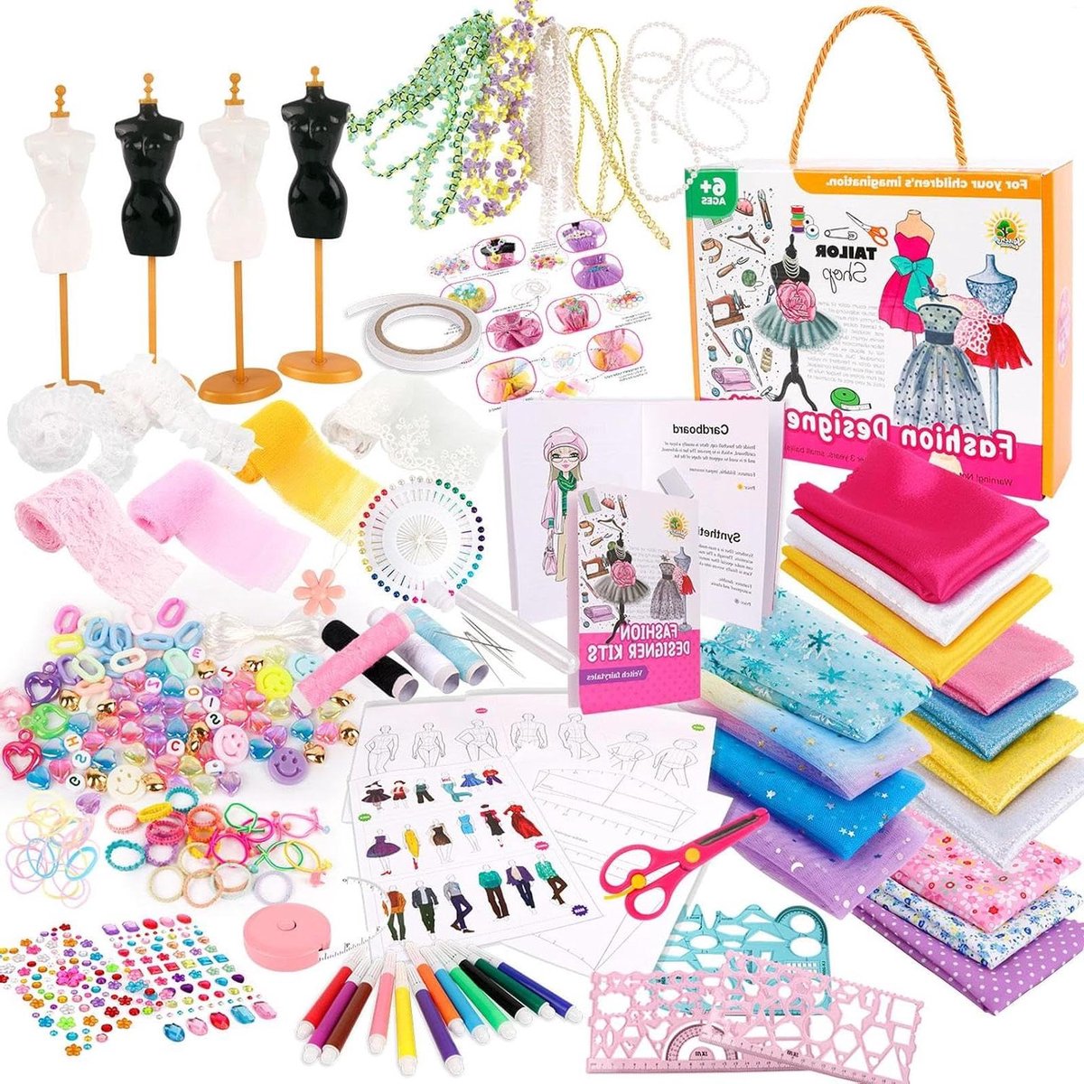Fashion Design Kit - Kinder Naaiset - Creatief Spelen - Inclusief 2 Mannequins - 60+ Kledingstukken - Multicolor
