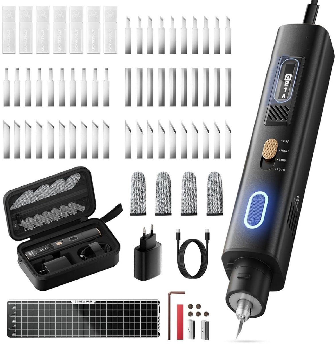 Dailygoods- Ultrasoon Snijmes 40KHz - Handgereedschap voor 3D-geprinte Modellen - Vervangende Messen 50 Stuks - Kunststof/Hout/Hars/PVC/Leer - OLED-scherm - Oververhittingsbeveiliging - Snijgereedschap