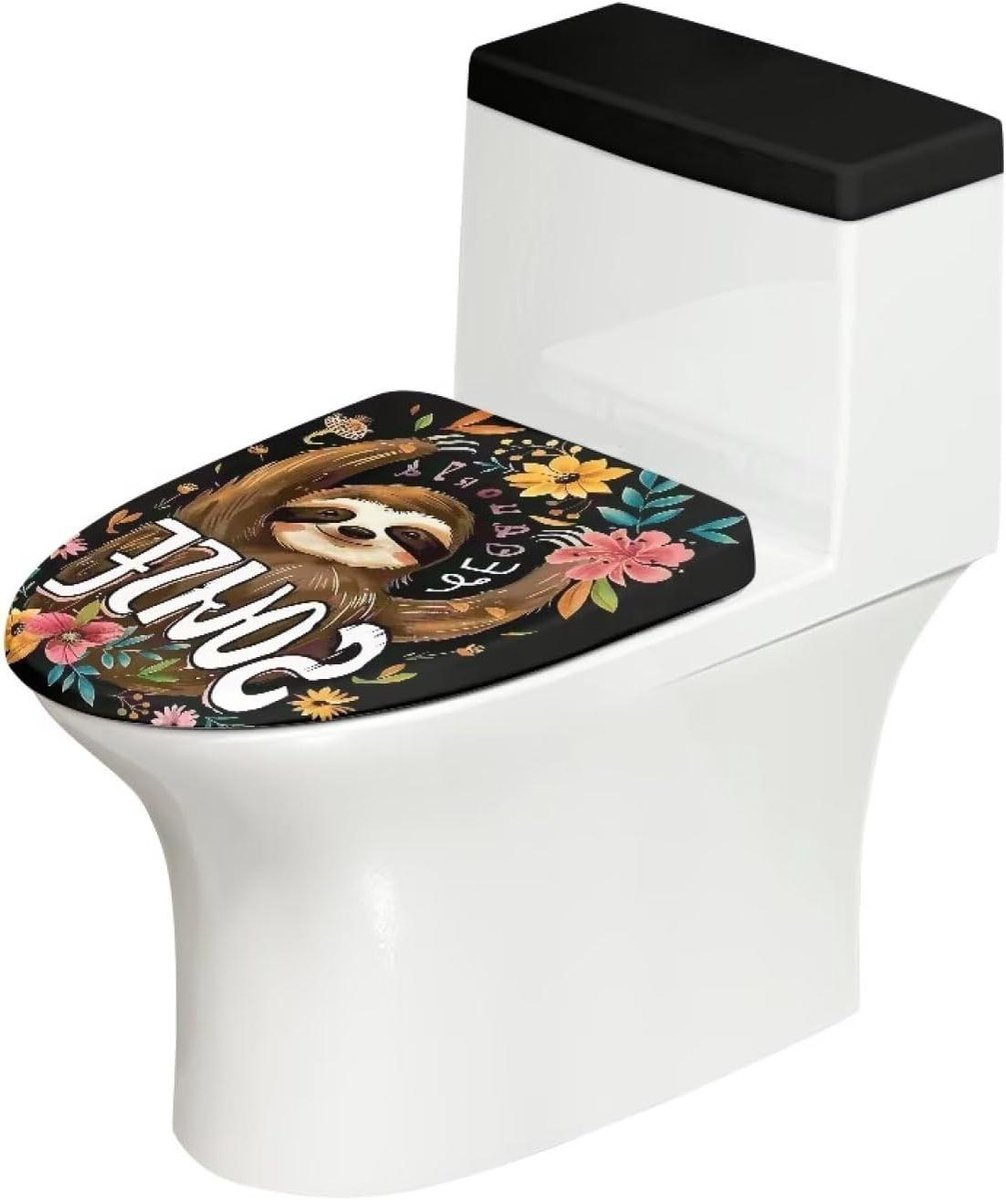 Toiletbril en Tankhoes Set - Toilet Covers - Badkamer Decoratie - Elastisch Polyester Materiaal - Universele Pasvorm - Luiaard Bloemen