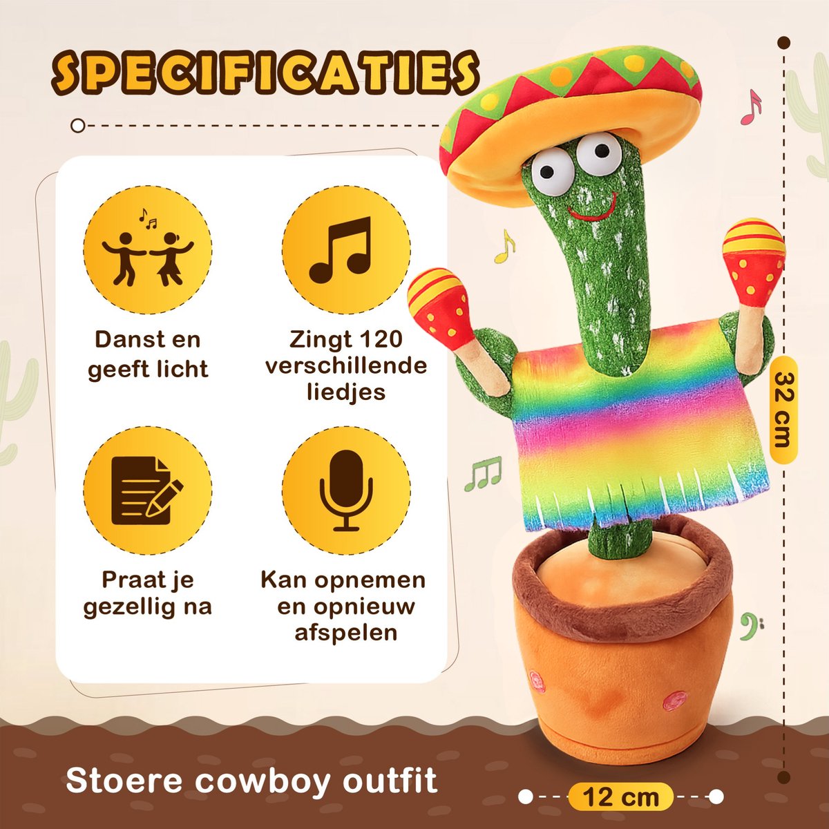 Bailanta® Dansende Cactus - Pratende Cactus - Kinder Speelgoed - Interactieve Knuffel - Nederlandse Handleiding - Pratende Knuffel – Cactus Speelgoed – USB Opladen – Geeft Licht – Met Mexicaanse Outfit – 120 Liedjes - Zingende Cactus - Perfect Cadeau — afbeelding 4