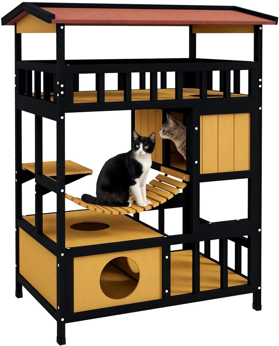 NordPaw® Luxe Buiten kattenhuis XXL – 4 Niveaus – Weerbestendig Houten Kattenverblijf met Brug, Balkon, Ligplatforms en Slaapruimtes – 84 x 60 x 116 cm