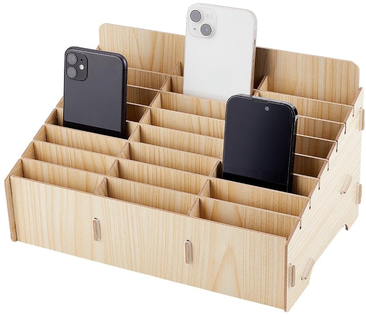 Dailygoods- Opbergdoos Beige - Houten Opbergdoos - Mobiele Telefoon Organisator - Desktop Organizer - 24-Vaks - Duurzaam Materiaal - Opbergbox