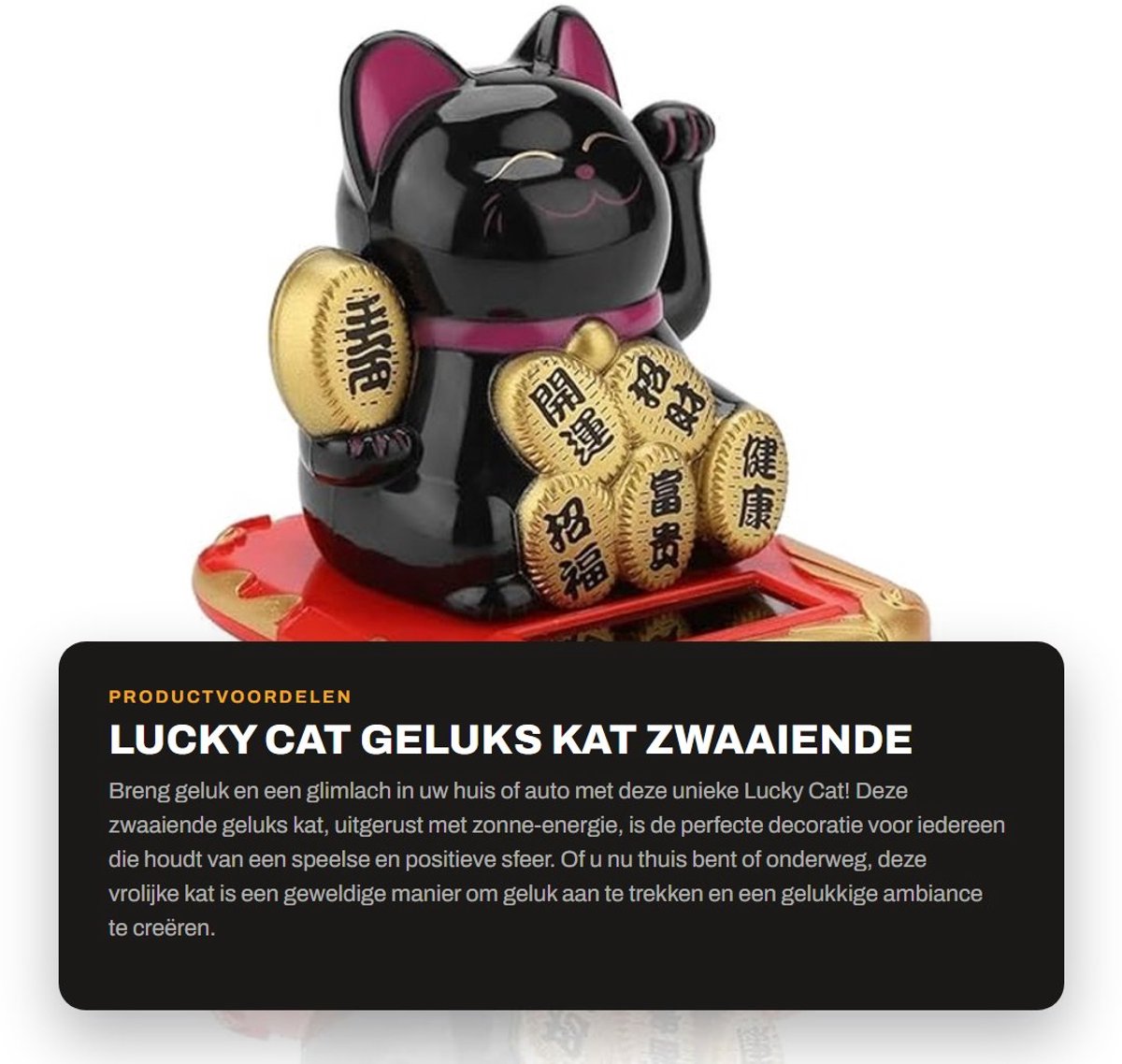Dailygoods - Lucky Cat - Geluks kat - Zwaaiende arm - Zonne-energie - Home Decor - Grappige sfeer - Geschikt voor auto en huis - Zwart