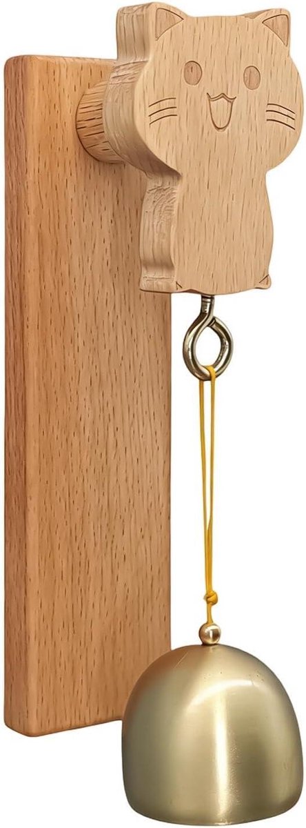 Deurbel Kat - Windgong Hout - Gasten Ontvangen - Massief Messing Bel - 18 x 7 x 4 cm - Houtkleur