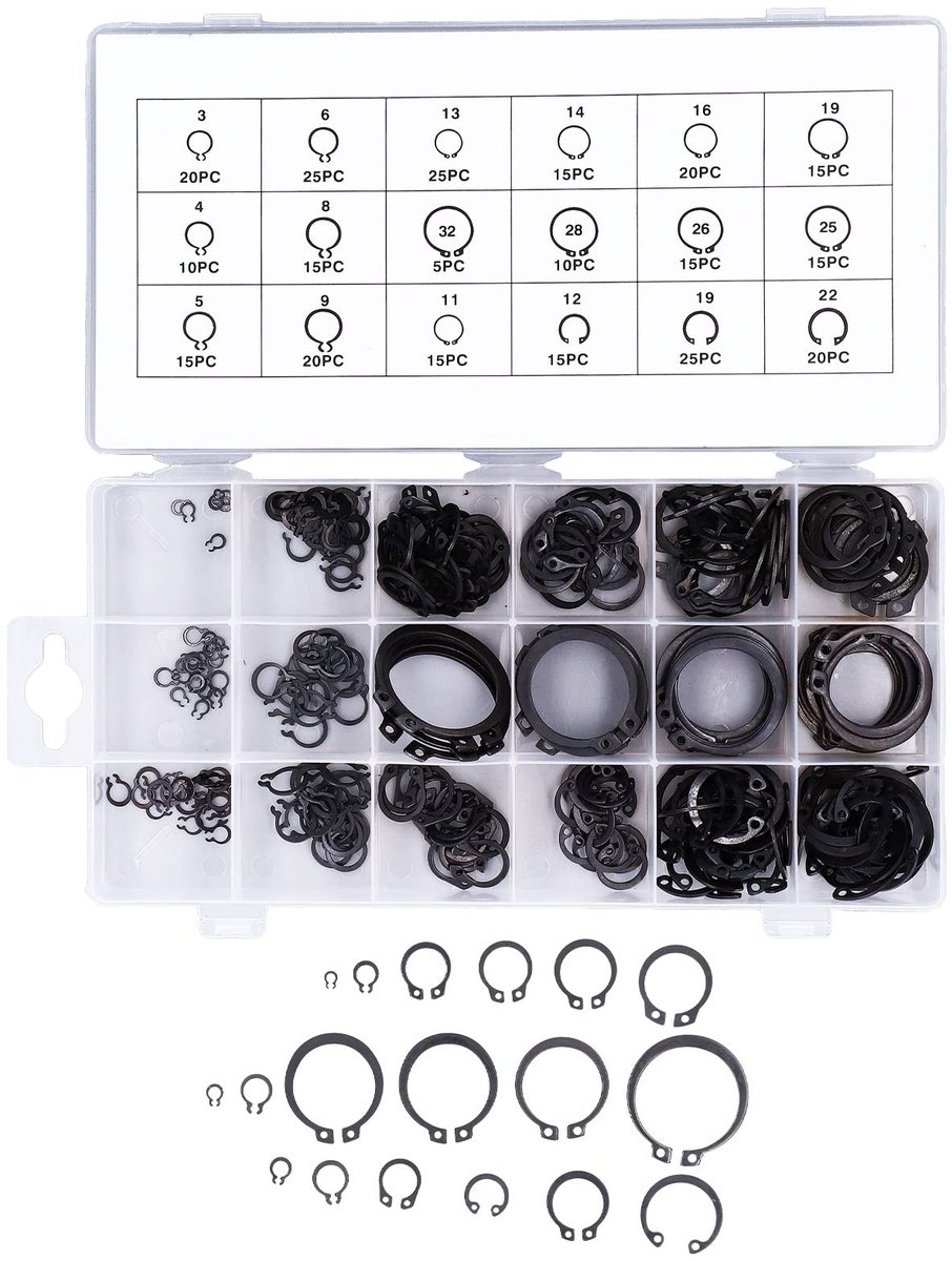 Dailygoods- Borgringset 300-delig - Externe Borgringen - Assortimentskit - Rubber/Gelegeerd Staal - Transparante Opbergkoffer - Verschillende Maten - C-clip