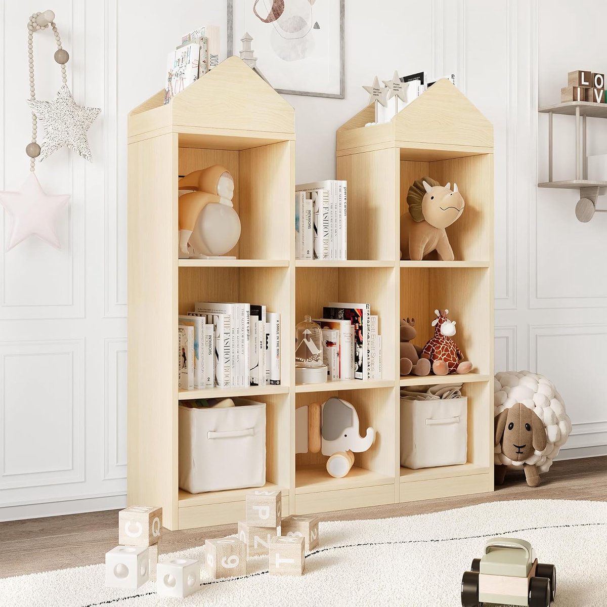 Houten Speelgoedkast in Huisvorm - Kinderboekenkast met 8 Vakken - Speelgoedopberger & Boekenrek - Natuurlijk Hout - 107 x 91 x 30 cm