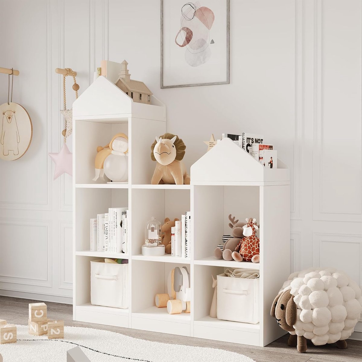 Witte Speelgoedkast en Kinderboekenkast in Huisvorm - Speelgoedorganizer met 9 Opbergvakken - Speelgoedopberger - Wit - 108 x 92 x 30 cm