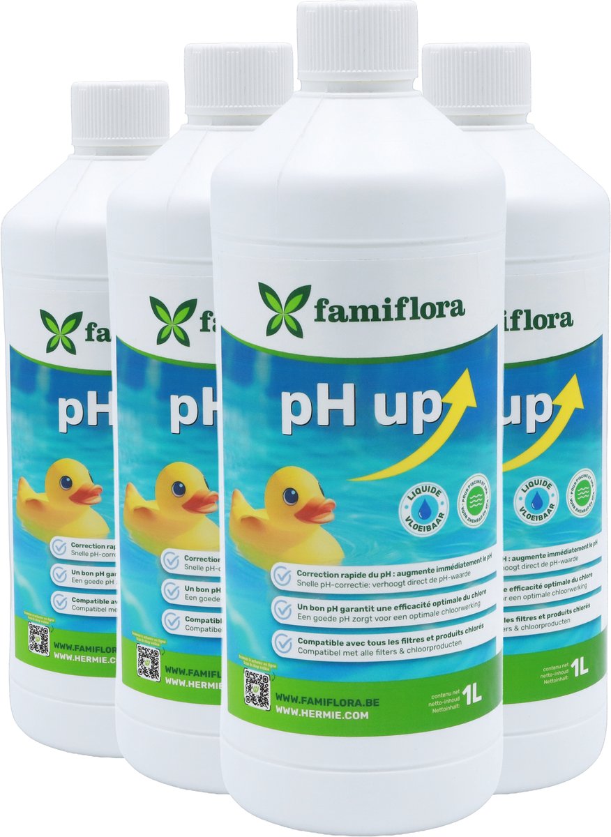 Famiflora pH Up vloeibaar 4x 1L - verhoogt de pH-waarde van je zwembad of spa! - Verhoogt pH-waarde zodat chloor beter werkt en water prettig blijft om in te zwemmen