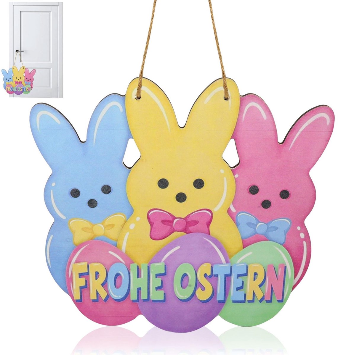 Dailygoods- Deurbordje Vrolijk Pasen - Houten Decoratie - Paasdecoratie - Deurhanger - Binnen/Buiten - Afmetingen 28 x 29 cm