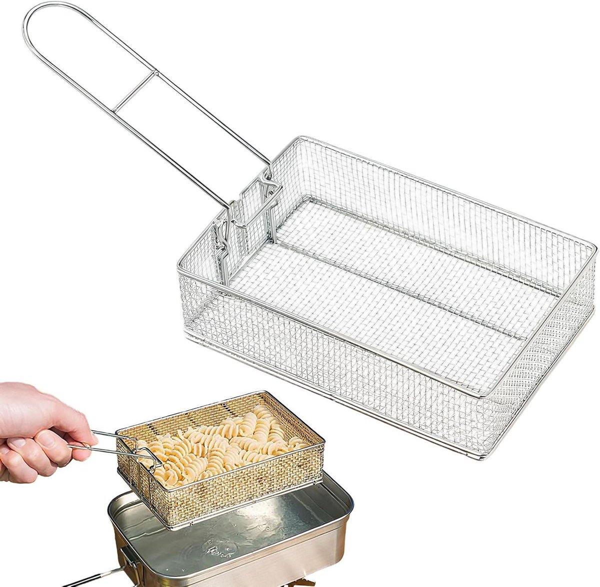 Mini Frituurmand Friteuse Zeef Voedsel Bereiden Inklapbare Handgreep 18 x 13 x 6.5 cm Zilver