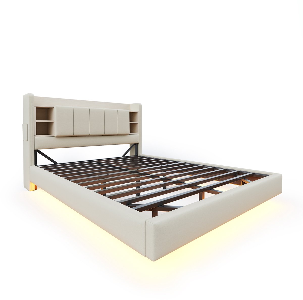 Gestoffeerd bed van 160 x 200 cm met USB-poort en ledstripverlichting, opklapbaar hoofdein