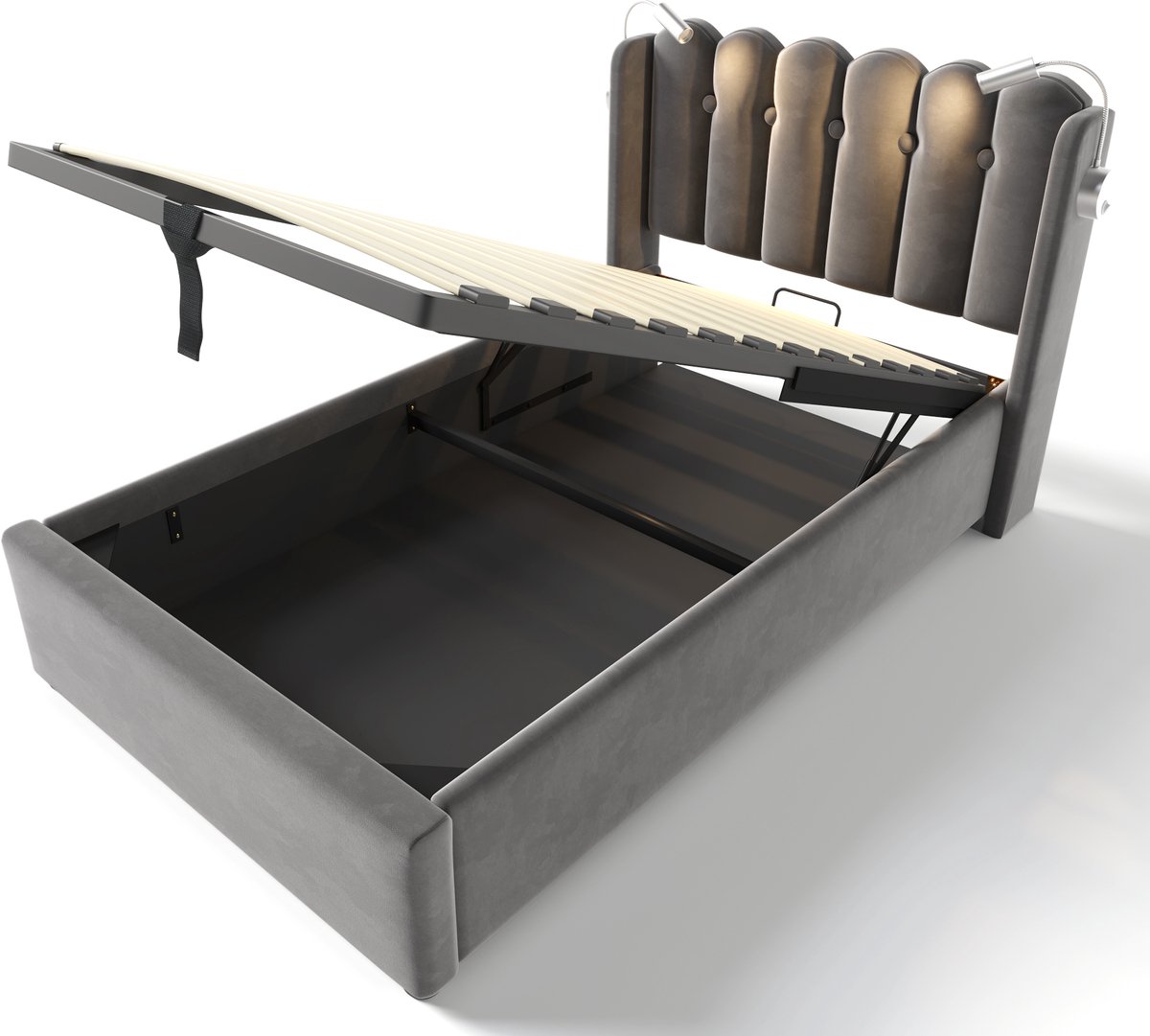 COVREO Bedframe 90x200 cm grijs velvet met leeslamp en USB zonder matras