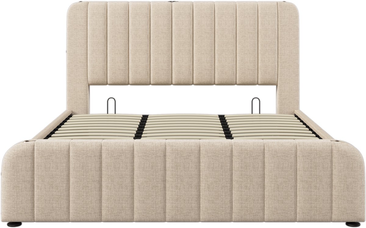 COVREO Gestoffeerd bed met dubbellaags gestoffeerd hoofdeinde, gouden sierstrepen, USB Type-C oplaadfunctie, 180*200 cm, beige linnen bekleding, hydraulisch opbergbed (matras inbegrepen).