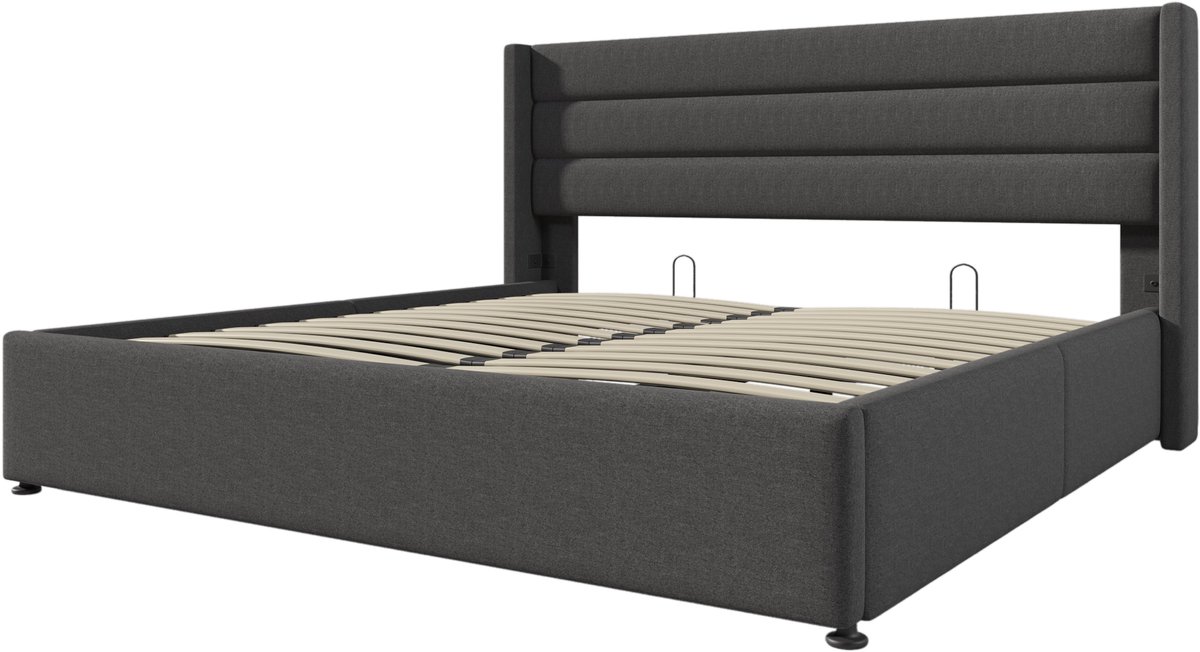Opbergbed, gestoffeerd bed, hydraulisch tweepersoonsbed (160x200 cm), lattenbodem van hout, lattenbodem van metaal, linnen, grijs