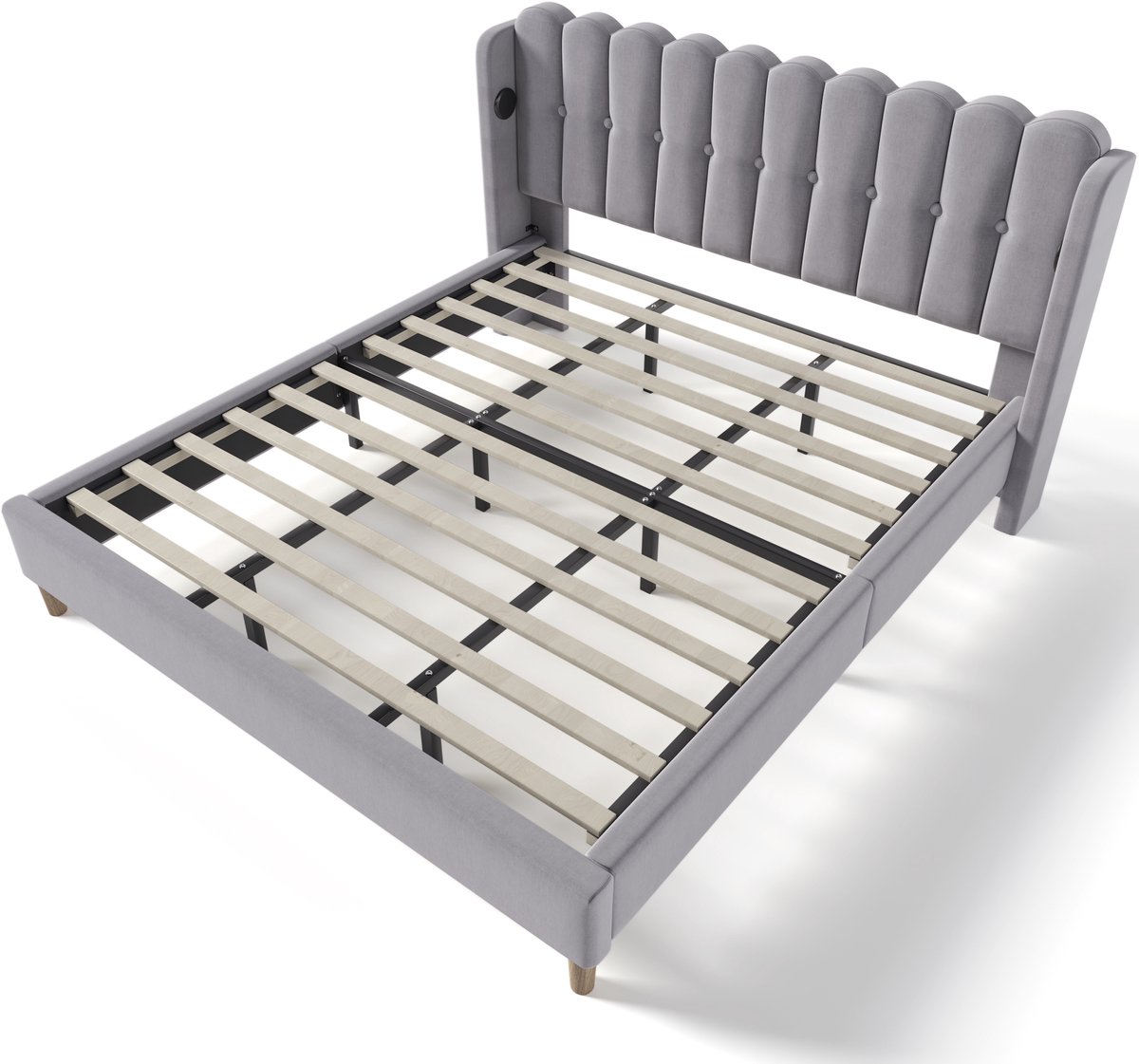 COVREO Bedframe 180x200 cm 193 x 208 cm grijs stof, USB-C, zonder matras