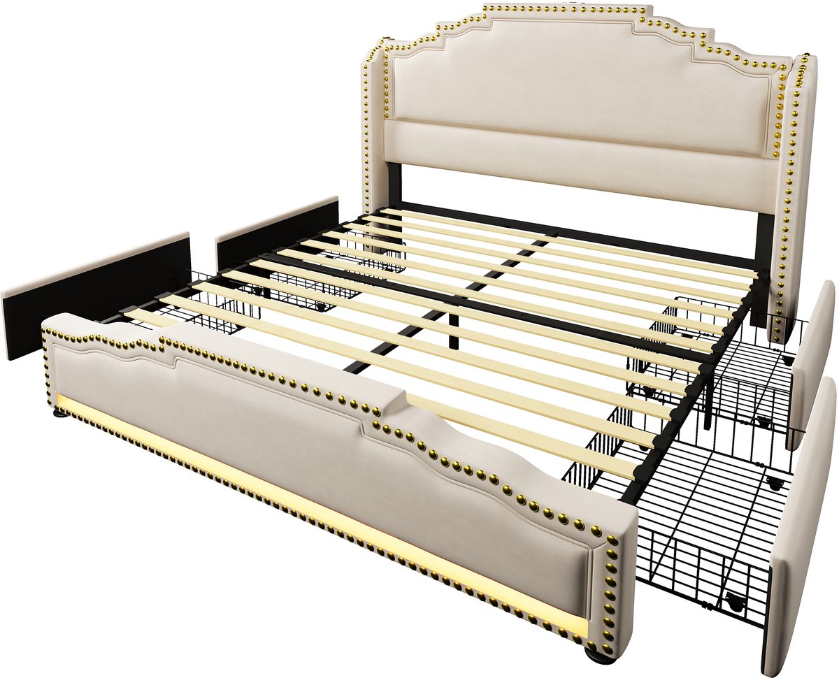 COVREO Gestoffeerd bed van 160x200 mm, tweepersoonsbed, met 4 lades, ledverlichting en USB-C-oplaadpoort, opbergbed, kinderbed, lattenbodem, fluwelen stof, beige, inclusief matras.