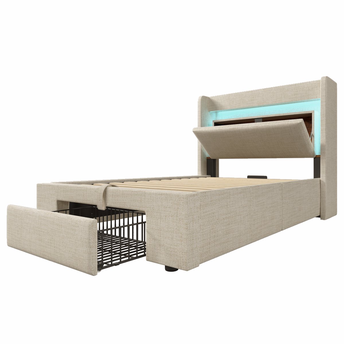 COVREO eenpersoons bed 90x200 cm - beige stof, met opbergruimte, LED, USB en USB-C
