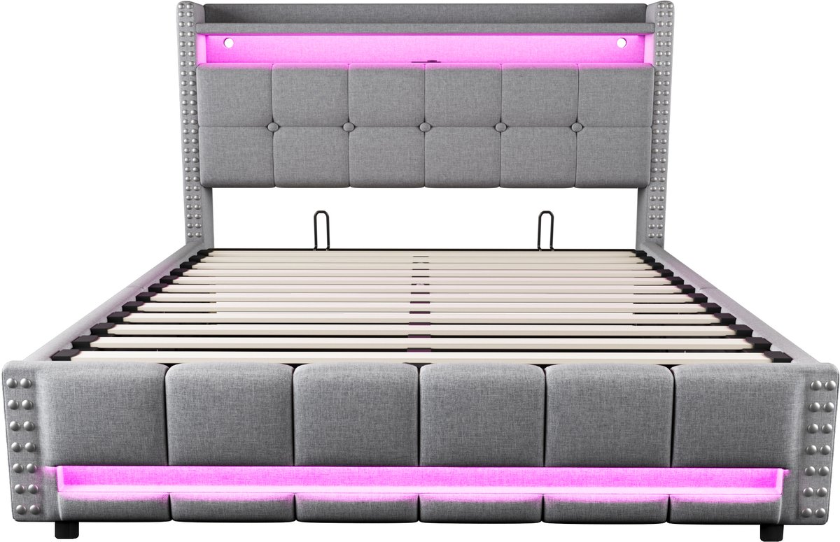 COVREO Polsterbed 160x200 cm - lichtgrijs, met LED-verlichting, USB-aansluiting en opbergruimte