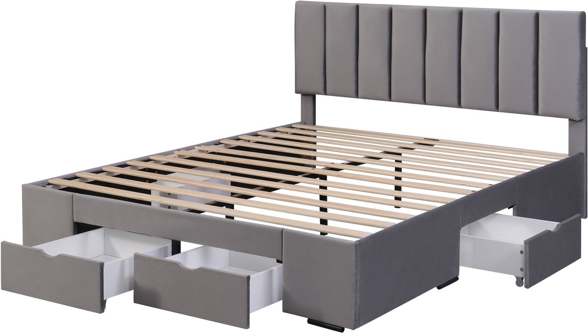COVREO Bedframe 160x200 cm grijs, velvet, lattenrost, zonder matras