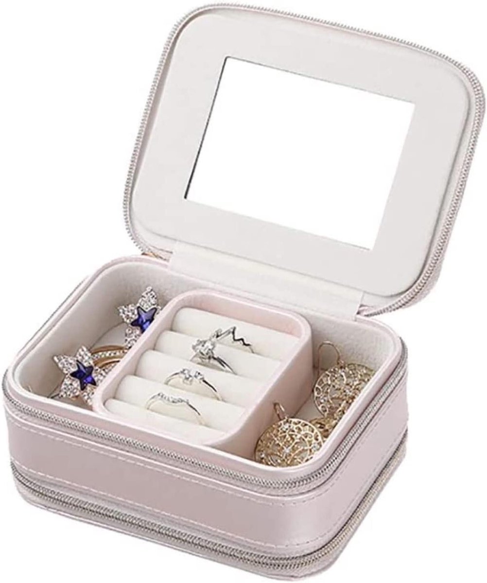 Sieradendoos - Juwelendoosje Organizer - Sieraden Opbergen - Ingebouwde Spiegel - 11 x 8 x 5cm - Roze