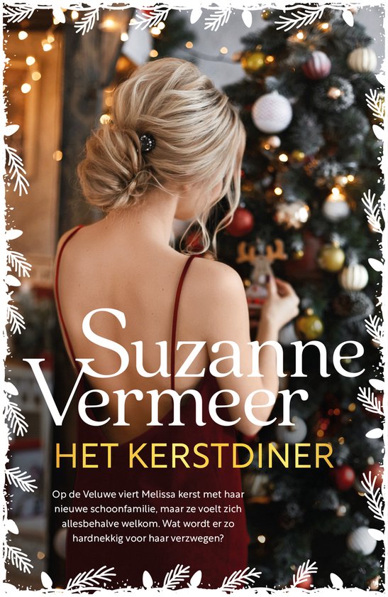 Boek kaft: Suzanne Vermeer, Het Kerstdiner. Een blonde vrouw versiert een kerstboom, achterkant van haar hoofd zichtbaar.