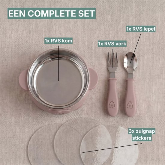 Roze kom met berengezicht, lepel en vork. Ernaast liggen 3 transparante zuignapstickers.