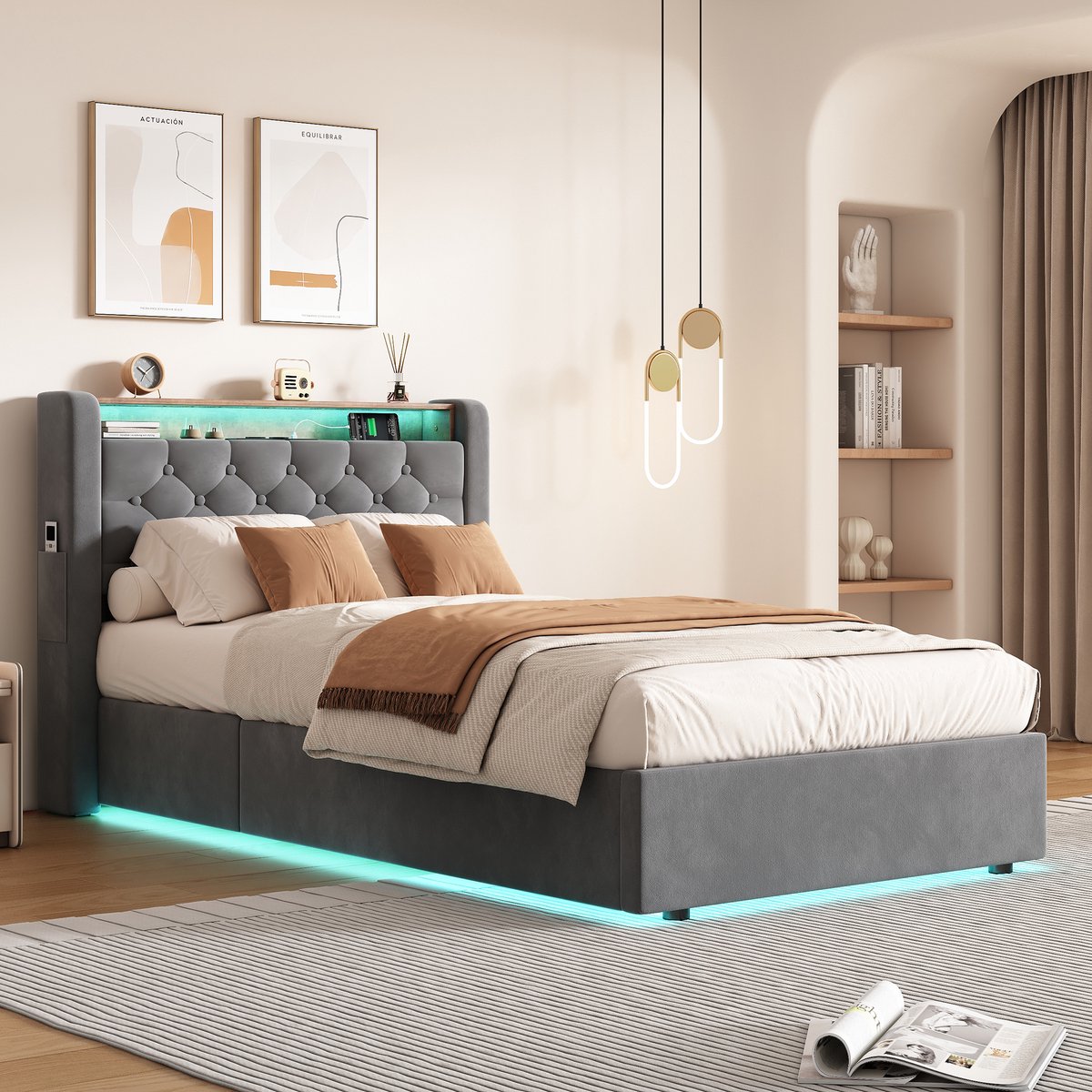 DESMIU Gestoffeerd Bed 90 x 200 cm - Bed Met Opbergruimte, Hoofdbordplank, Ledverlichting En Oplaadpoorten - Voor Slaapkamer - Grijs - Zonder Matras Donkergrijs