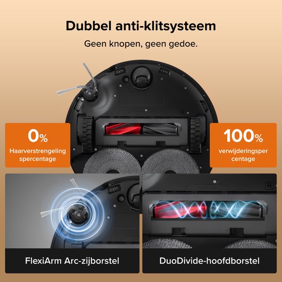Zwarte robotstofzuiger met rood-zwarte borstels, met tekst "Dubbel anti-klitsysteem" en "0% Haarstrengeling" en "100% verwijderingspercentage".