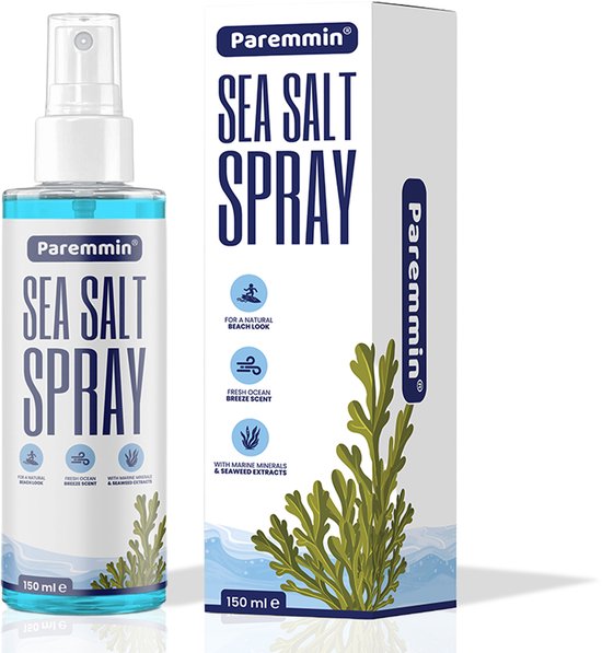 Bouteille et boîte de Paremmin Sea Salt Spray avec des algues et des vagues sur le devant.