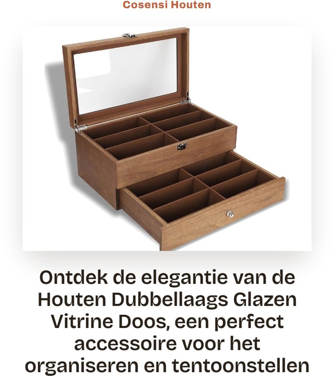 Dailygoods- Vitrinedoos Dubbel Laags - 12 Compartimenten - Houten Opbergdoos - Glazen Deksel - Decoratie en Opslag - Bescherming tegen Stof en Krassen