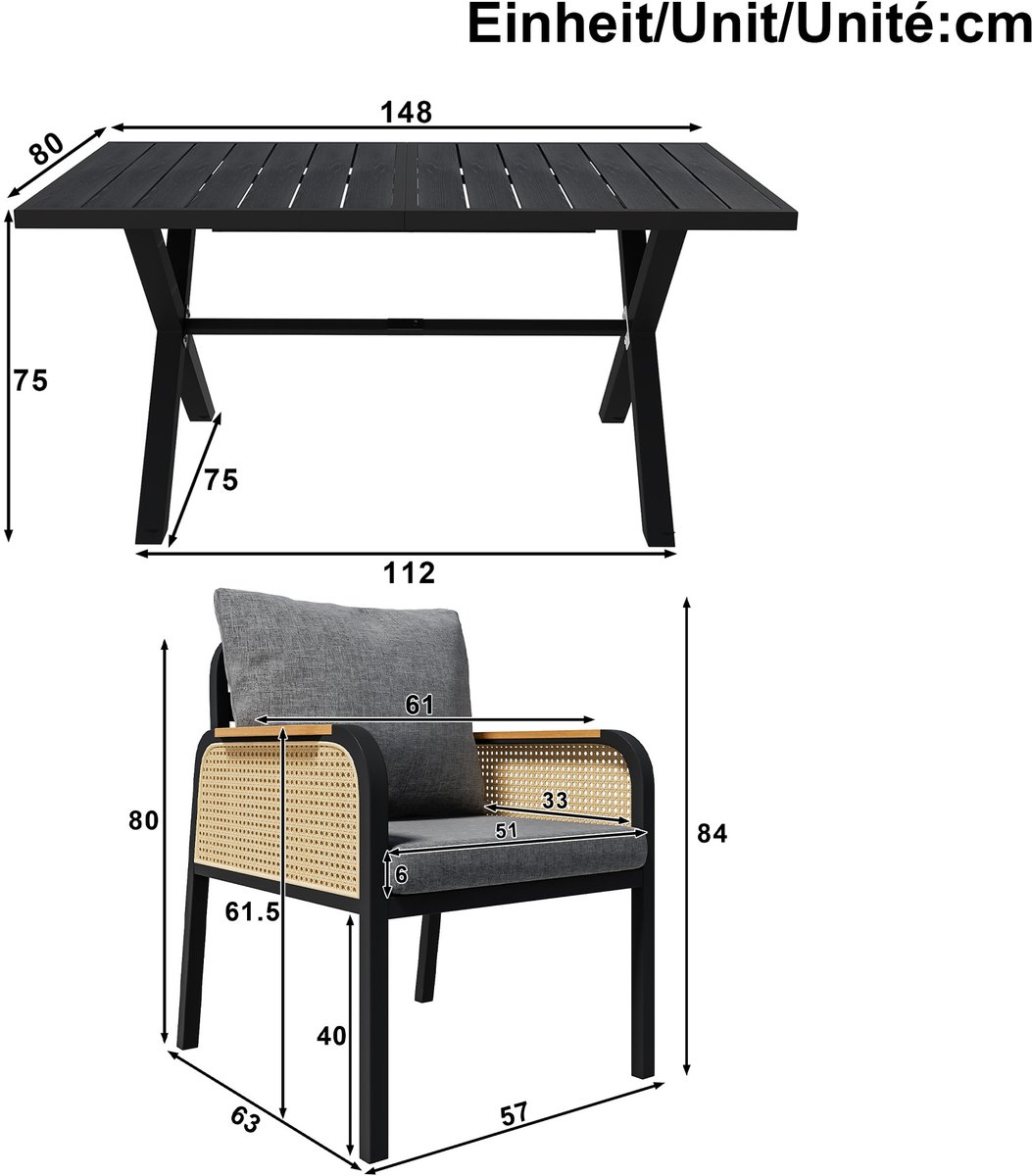 Intebiki tuinset - tuin loungeset -dining loungeset - Inclusief een eettafel en zes fauteuils - Moderne, casual buitenset - Geschikt voor terrassen, balkons en tuinen - Gemaakt van PE-rotan - Zwart – foto 4