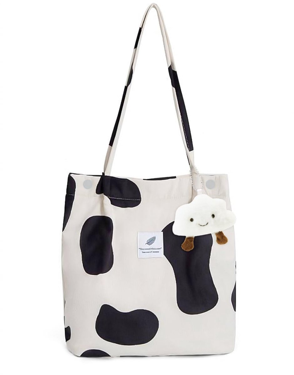 Dailygoods- Canvas Tas Grote Capaciteit - Schoudertas Dames - Fluwelen Tas - Lichtgewicht - Zwart-wit Patroon - 40,5 x 38,5 x 11 cm
