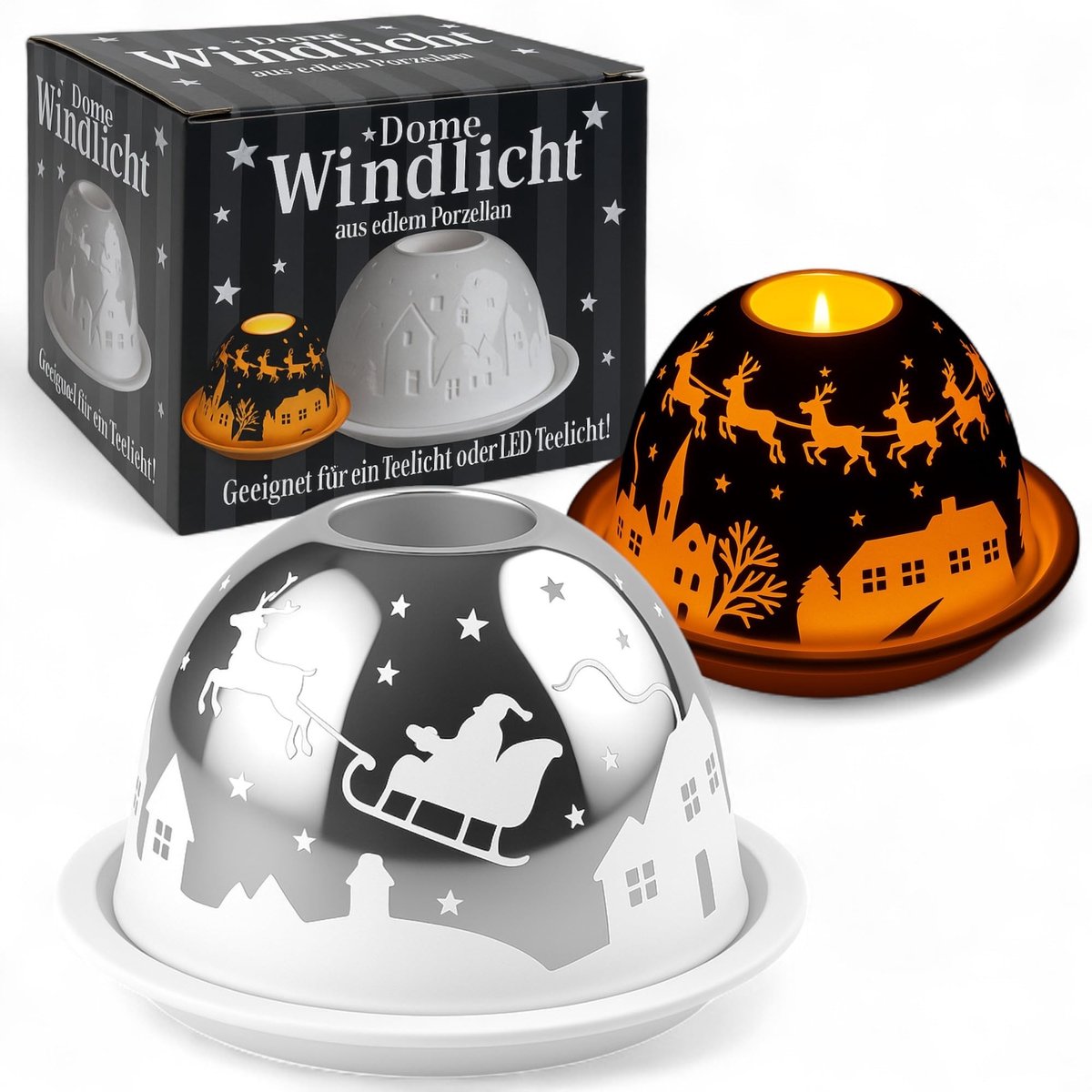 Dailygoods- Theelichthouder 3D-lichtspel - Porseleinen Windlicht - Kerstdecoratie - Diameter 12 cm - Feestelijk Design - Stijlvol voor Advent/Kerst - Kerstlicht