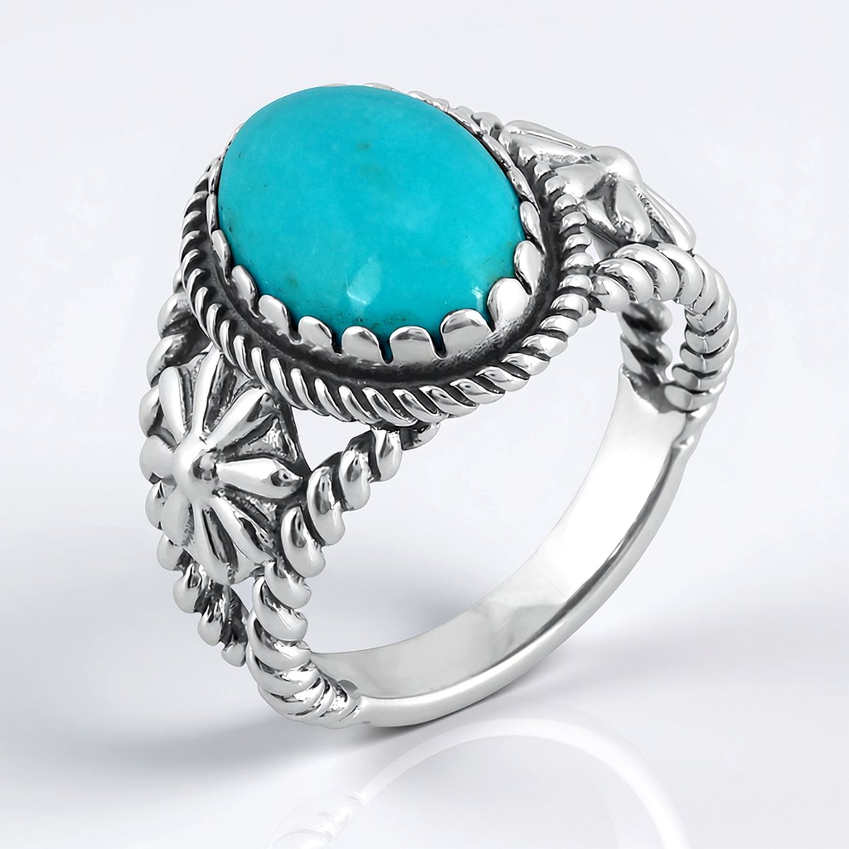 Cavill - Ovale Turkoois Cabochon Ring 4,68 ct - Geoxideerd 925 Sterling Zilver - Boho Chic & Bohemien Sieraden - Unieke Damesring