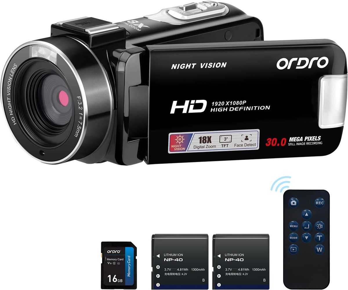 SnelShoppen - ORDRO B320 Full HD 1080P Camcorder met 16GB-kaart, 18x Digitale Zoom, Nachtzicht, 270° Draaibaar Scherm, 2 Batterijen, Zwart - Perfect v