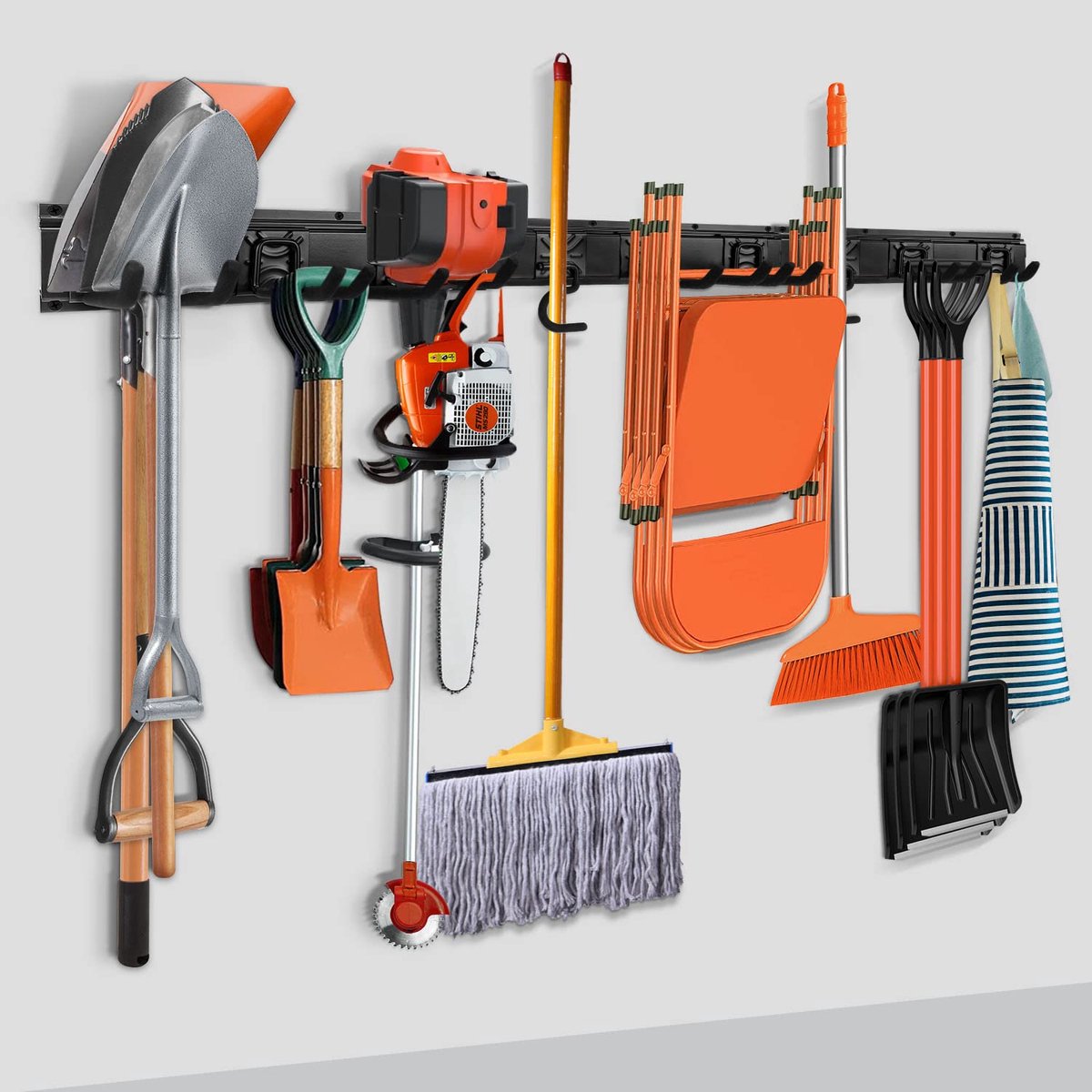 SnelShoppen - Garagegereedschap opbergrek, wandorganisatiehanger met 4 dweilhouders en 8 stuks 20 cm haken, ideaal voor gereedschap, heggenscharen, be