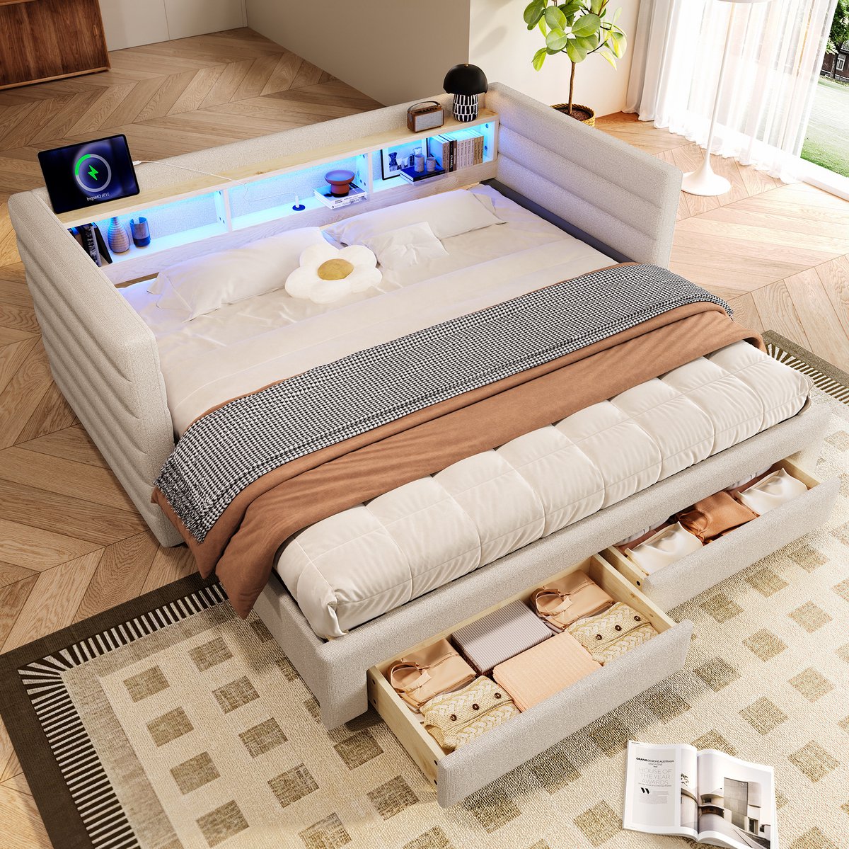 COVREO Slaapbank 90 x 190 cm beige, velours, met lade, zonder matras