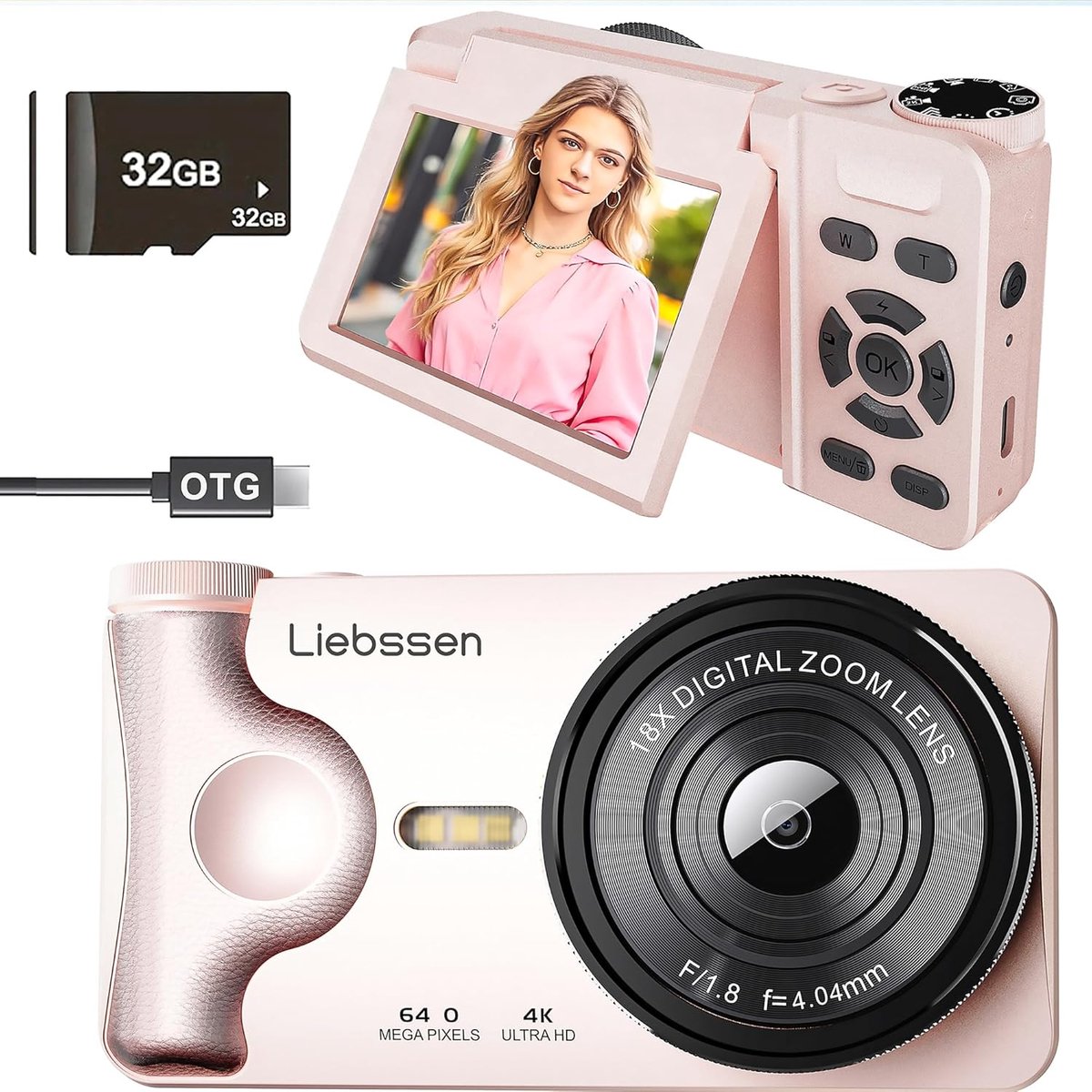 SnelShoppen - 4K 64MP Digitale Camera met Auto Focus, 3.0 Inch Rotatiescherm, Oplaadbaar en Draagbaar voor Foto's en Vlogs, 20 Filters, 2000mAh, 32GB