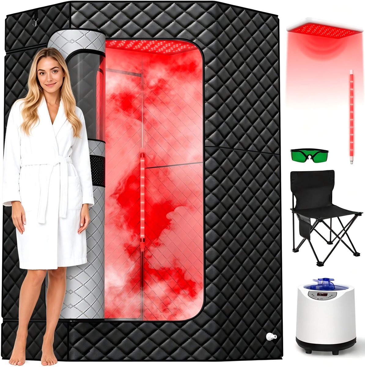 SnelShoppen - I-THERA-U Infrarood Sauna voor Thuis - Draagbare Full-Body Stoomtent met 660 & 850 nm Stoomgenerator, 15 Warmteniveaus, Stoel, Afstandsb