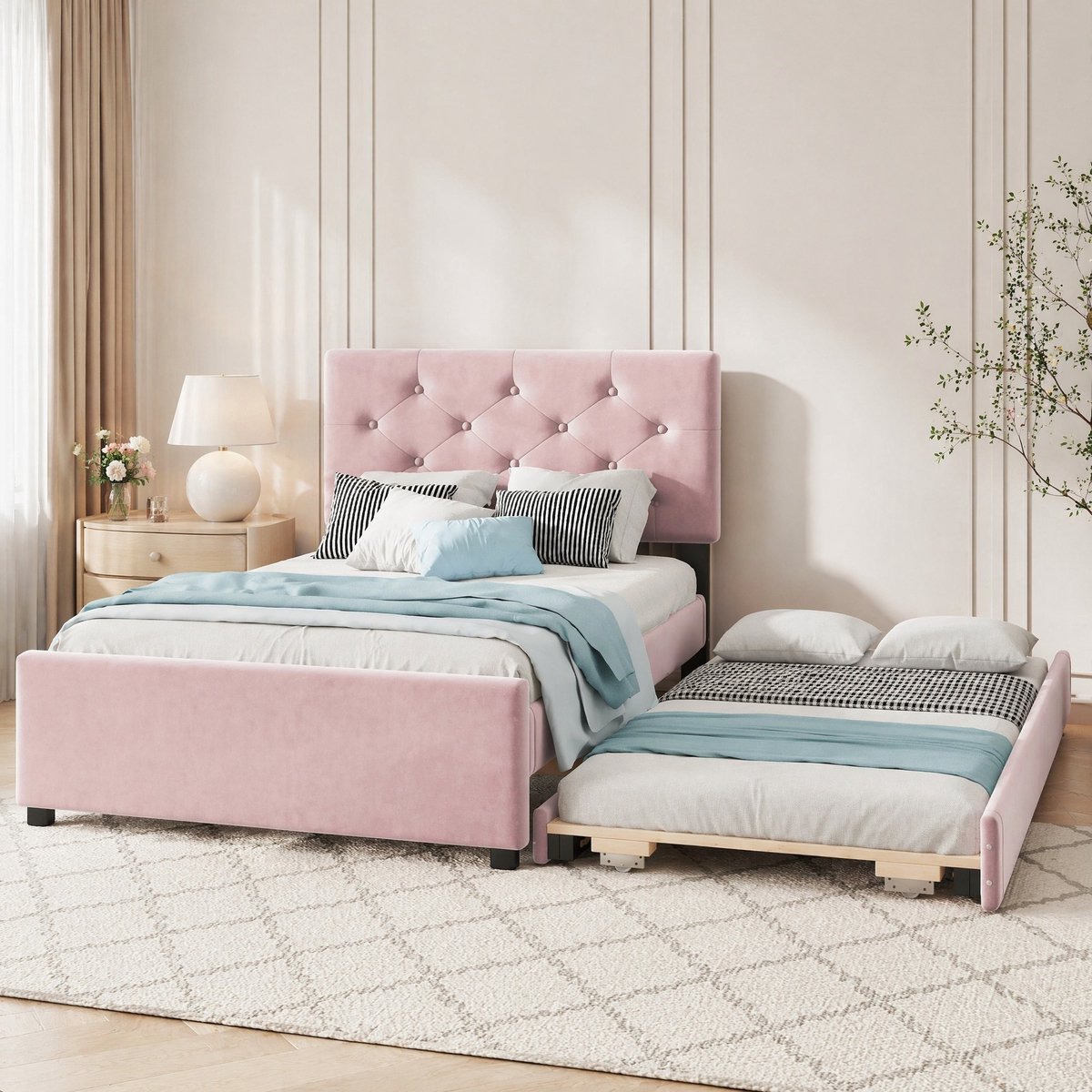 COVREO Bedframe 90x200 cm - roze, velvet, met uitrolbed, zonder matras
