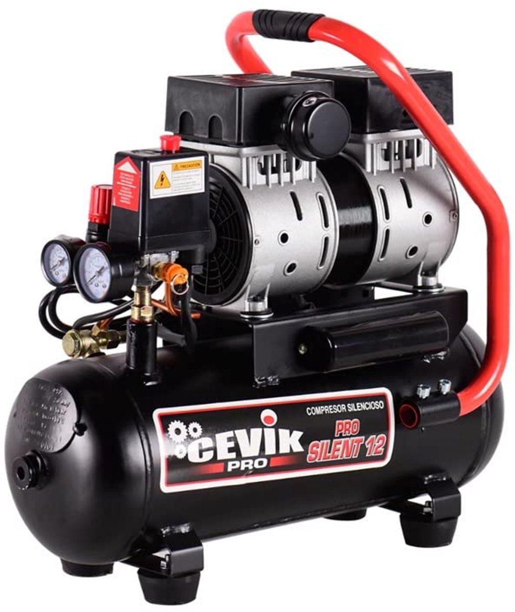 SnelShoppen - Stille luchtcompressor 12L, 62 dB, 1 pk motor, max. 8 bar, onderhoudsvrij, olievrij, compact en draagbaar voor klus- en hobbywerk